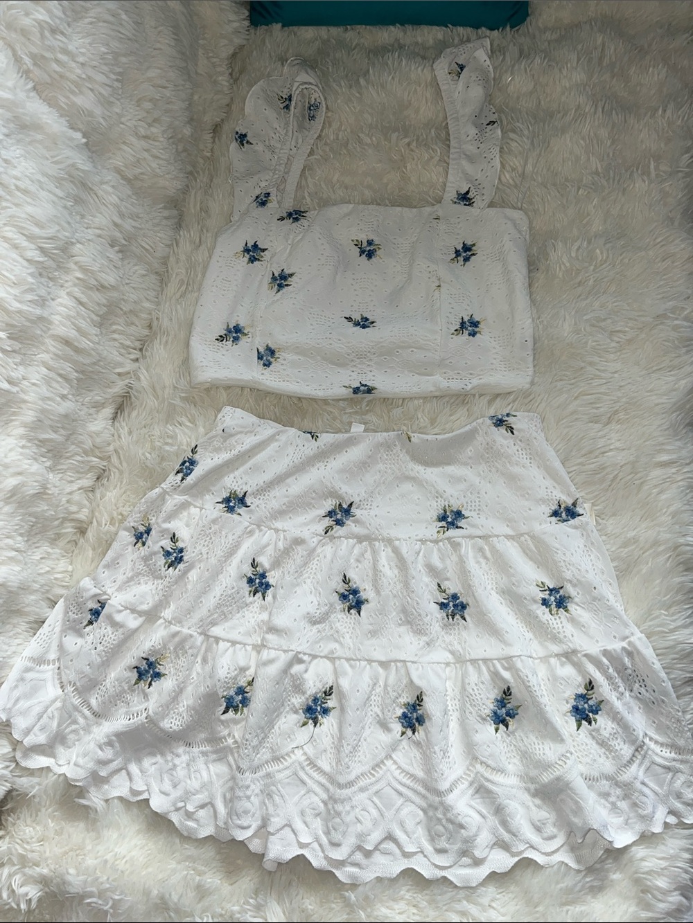 White Eyelet Two-Piece Skirt Set with Blue Floral Embroidery